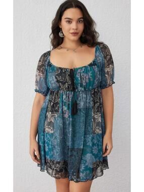 Cider Summer Blues Flowy Mini Dress Curve & Plus